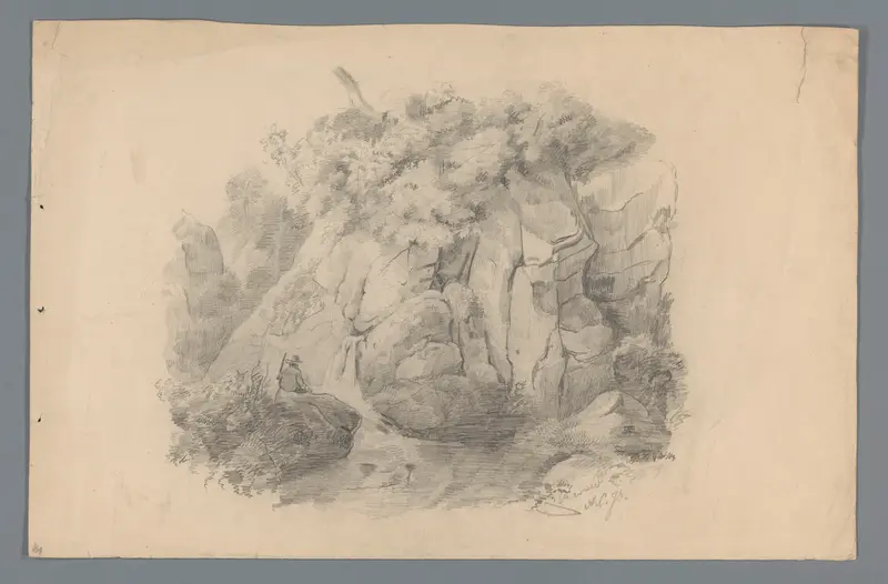 Landschap met man zittend bij een waterval Wall Art by Alexander Cranendoncq - High-Resolution Digital Print