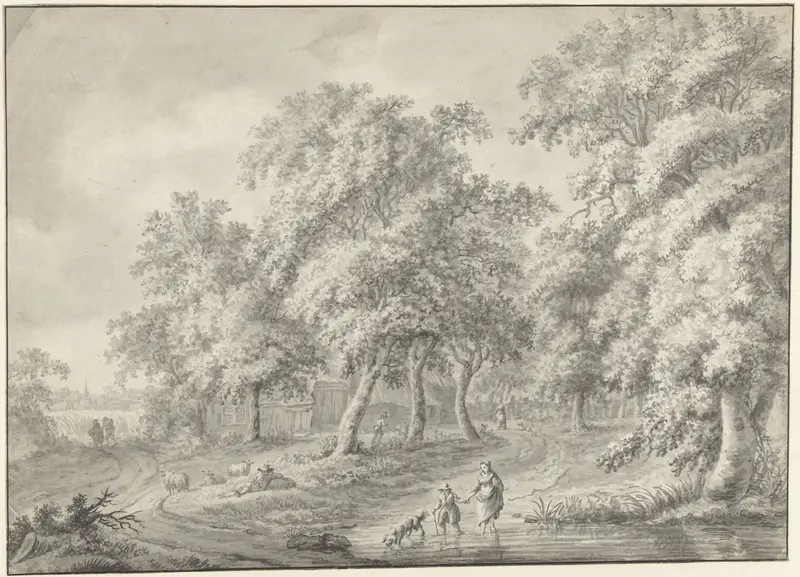 Landschap met moeder en kind met hond wadend door een poel Wall Art by Unknown - High-Resolution Digital Print
