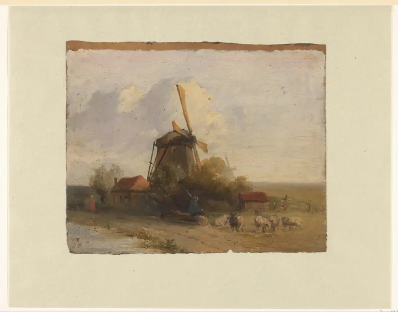 Landschap met molen en een herder met schapen
