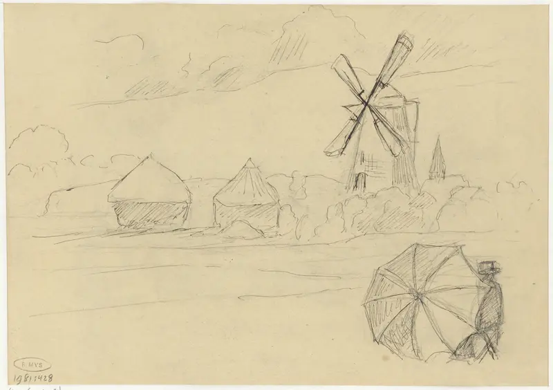 Landschap met molen en persoon achter paraplu