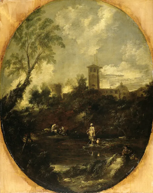 Landschap met monniken, pelgrim en boerin Wall Art by Unknown - High-Resolution Digital Print