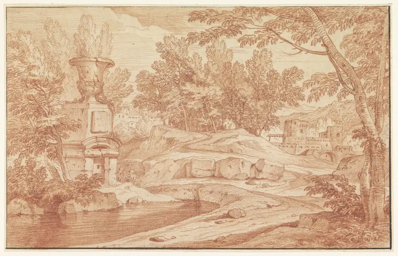 Landschap met monumentale vaas en enkele gebouwen Wall Art by Frans Boudewijns - High-Resolution Digital Print