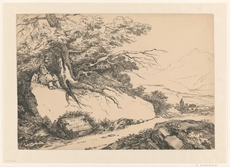 Landschap, met onder een boom een pauzerende man met hond Wall Art by Isaac Weissenbruch - High-Resolution Digital Print