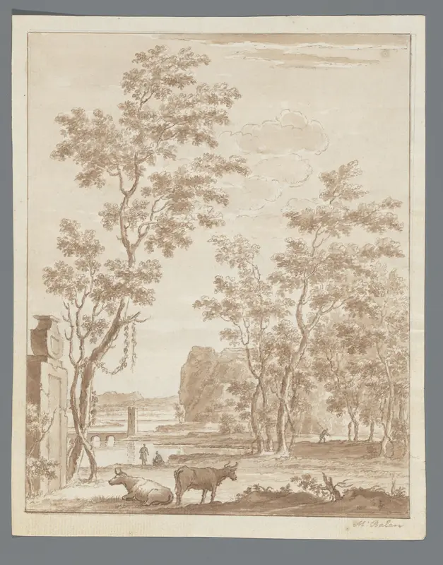 Landschap met op de voorgrond een monument en koeien Wall Art by Unknown - High-Resolution Digital Print