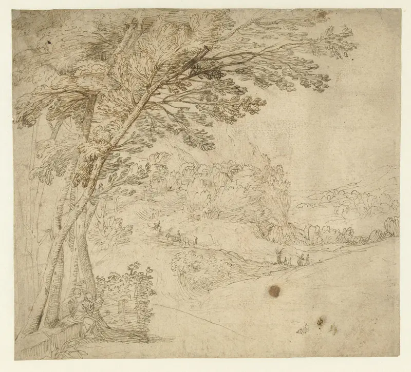 Landschap met op de voorgrond twee zittende figuren Wall Art by Unknown - High-Resolution Digital Print