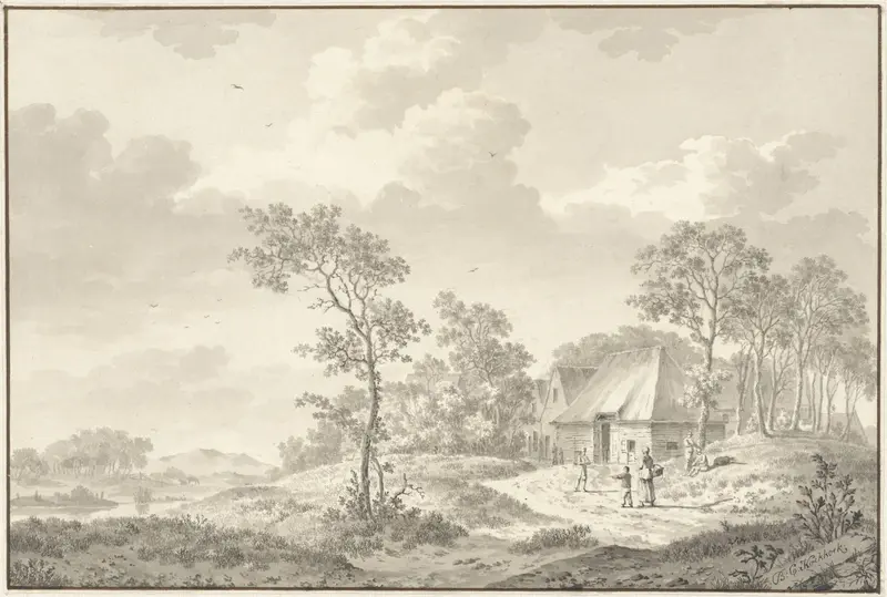 Landschap met rechts een dorpsstraat en verschillende personen Wall Art by Barend Cornelis Koekkoek - High-Resolution Digital Print