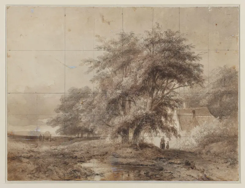Landschap met rechts onder de bomen een boerderij, met een vrouw en een kind ervoor Wall Art by Unknown - High-Resolution Digital Print