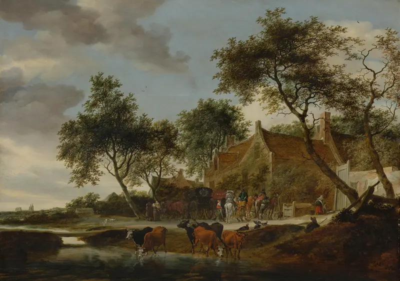 Landschap met reizigers bij een herberg nabij een pleisterplaats Wall Art by Unknown - High-Resolution Digital Print