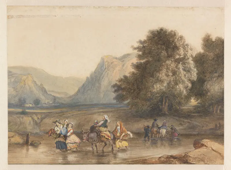 Landschap met reizigers die door het water lopen Wall Art by Unknown - High-Resolution Digital Print