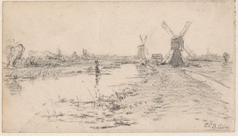 Landschap met rivier en twee molens Wall Art by Egbert Rubertus Derk Schaap - High-Resolution Digital Print