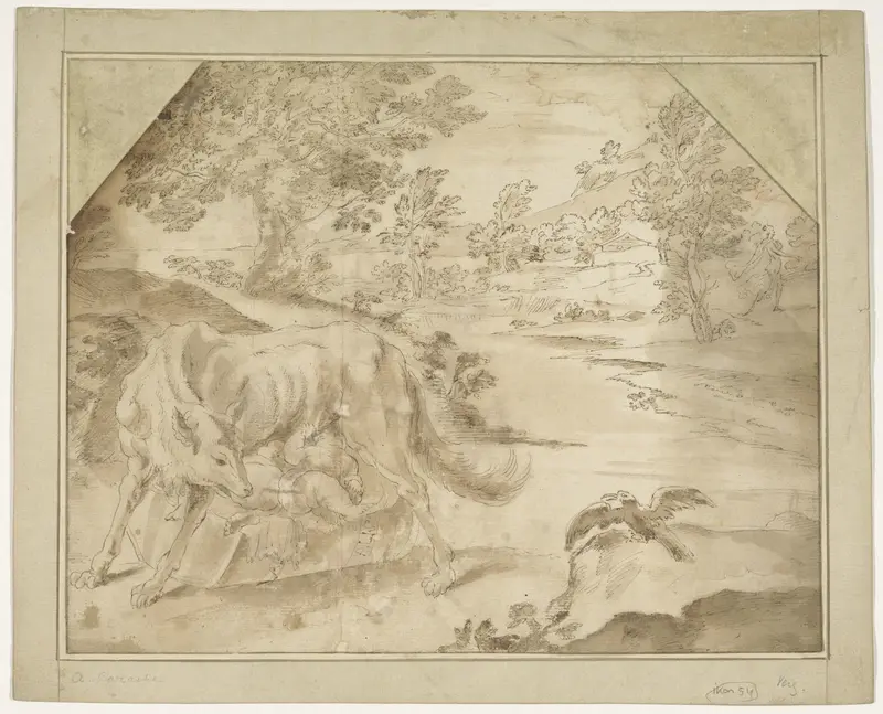 Landschap met Romulus en Remus gevoed door de wolvin Wall Art by anonymous - High-Resolution Digital Print