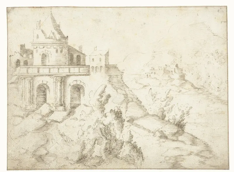 Landschap met ronde toren op een plateau Wall Art by Aertgen Claesz van Leyden - High-Resolution Digital Print