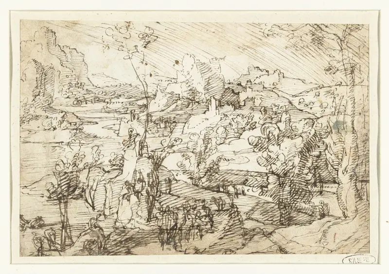 Landschap met rotsen, figuren en een zeilschip Wall Art by Unknown - High-Resolution Digital Print