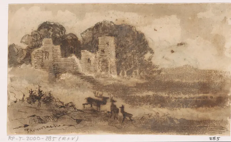 Landschap met ruïne en herten Wall Art by Unknown - High-Resolution Digital Print