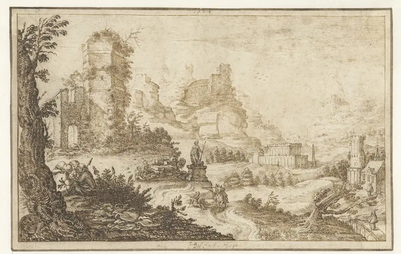 Landschap met ruïnes en een standbeeld Wall Art by Herman Breckerveld - High-Resolution Digital Print