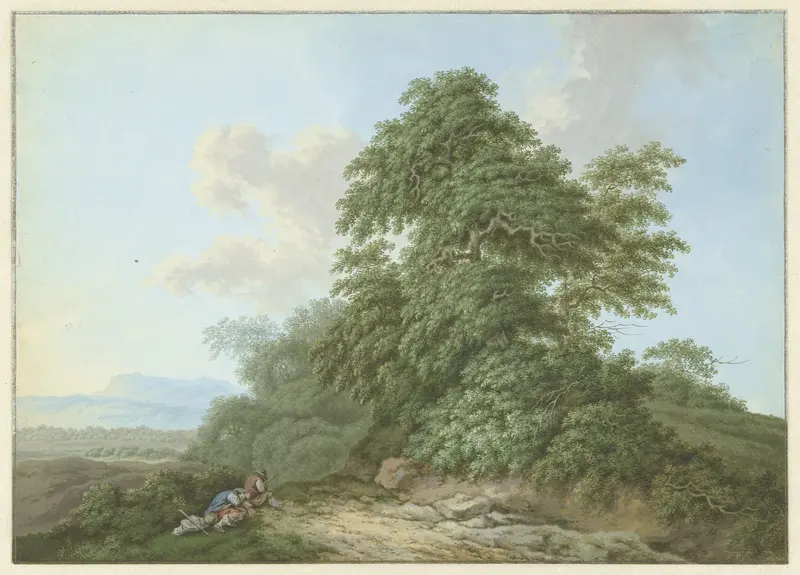 Landschap met rustende reizigers langs een weg Wall Art by Unknown - High-Resolution Digital Print