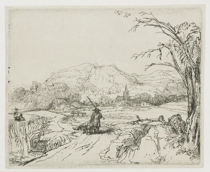 Landschap met schaapsherder en honden (‘Het jagertje’) Wall Art by Rembrandt van Rijn - High-Resolution Digital Print
