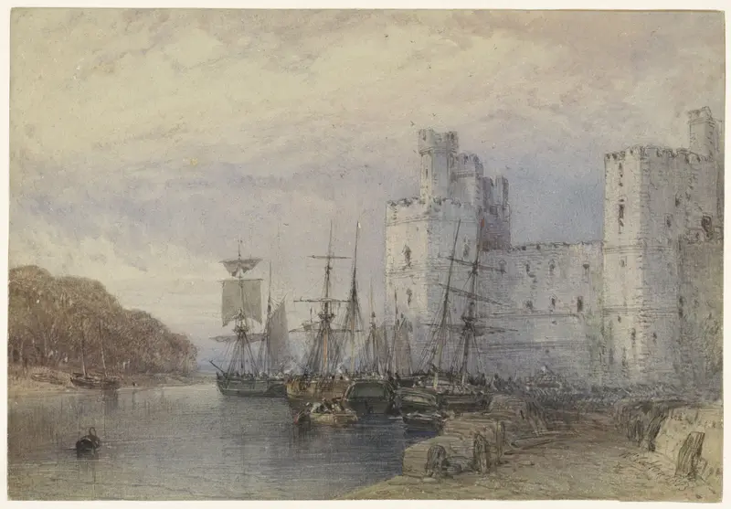 Landschap met schepen voor Caernarvon Castle Wall Art by Unknown - High-Resolution Digital Print