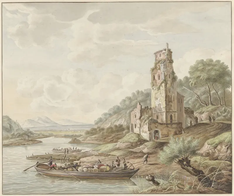 Landschap met schuit met koopwaar bij een kasteel Wall Art by Jan van Lockhorst - High-Resolution Digital Print
