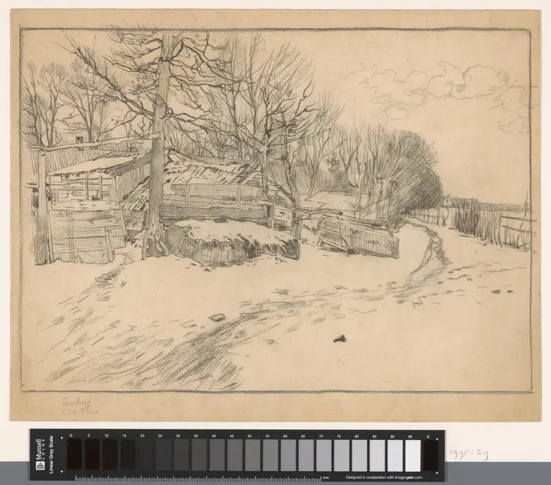Landschap met schuren en andere bouwwerken tussen kale bomen Wall Art by Unknown - High-Resolution Digital Print