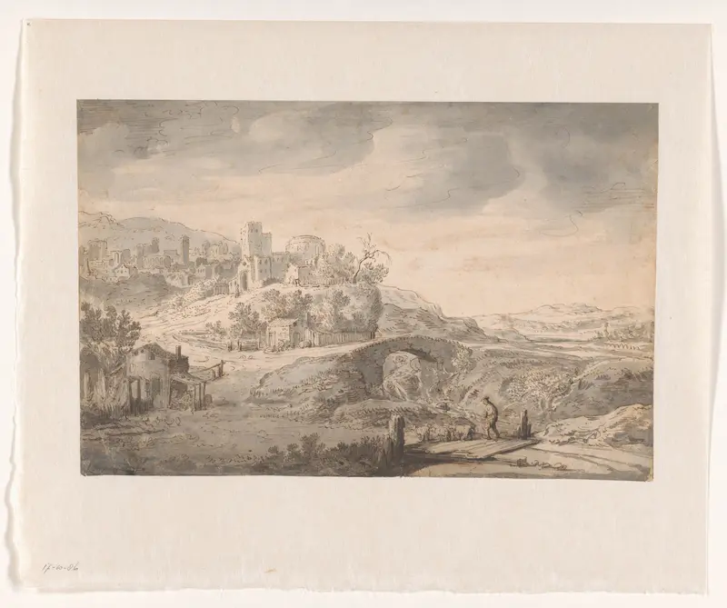 Landschap met stad op een heuvel en een herder Wall Art by Unknown - High-Resolution Digital Print