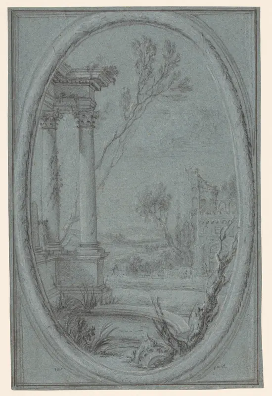 Landschap met tempelruïne in ovale lijst Wall Art by Unknown - High-Resolution Digital Print