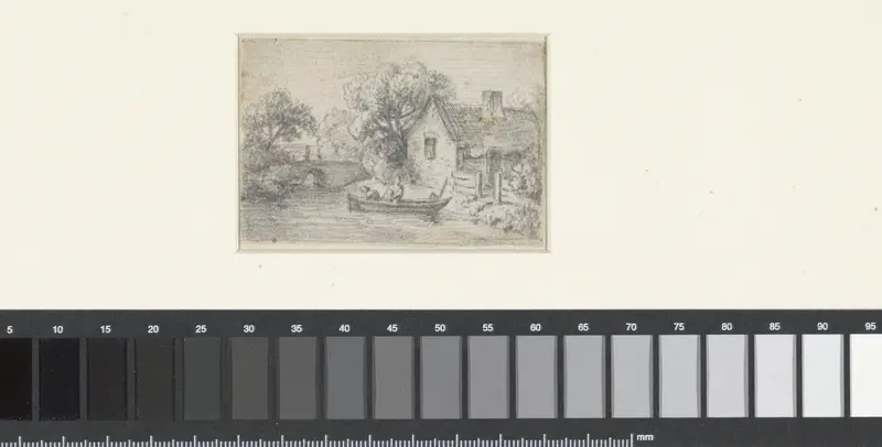 Landschap met twee figuren in een boot voor een boerderij Wall Art by Hendrik Jozef Franciscus van der Poorten - High-Resolution Digital Print