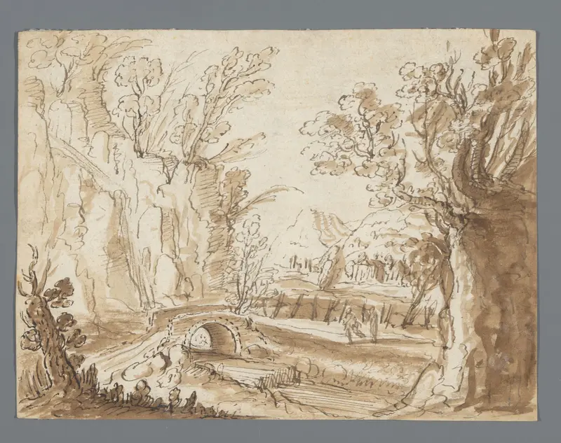 Landschap met twee figuren op een weg voor een stenen brug Wall Art by anonymous - High-Resolution Digital Print