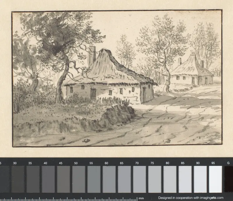Landschap met twee huizen aan een weg Wall Art by Unknown - High-Resolution Digital Print