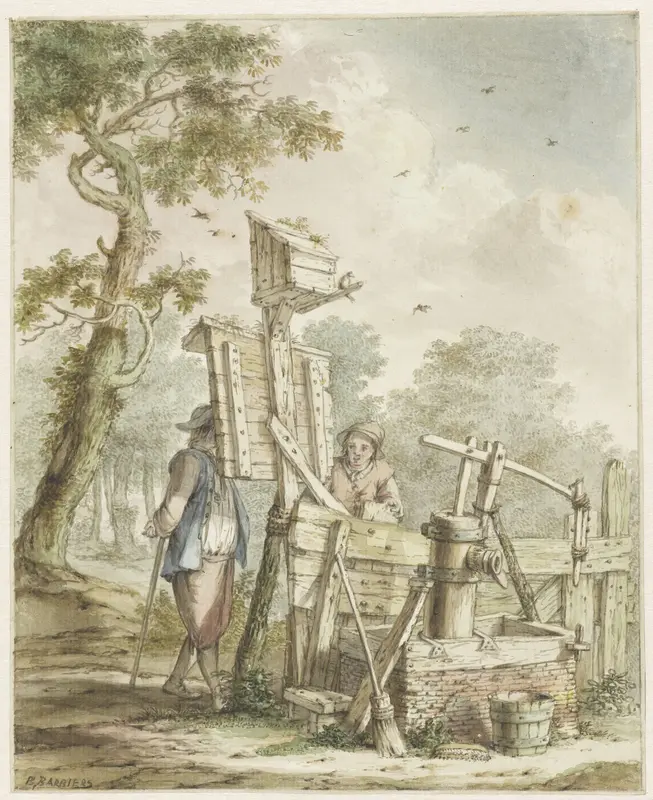 Landschap met twee mannen bij een aanplakbord bij een waterpomp Wall Art by Bartholomeus Barbiers - High-Resolution Digital Print