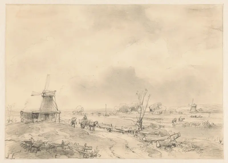 Landschap met twee molens en een paardenkar Wall Art by Andreas Schelfhout - High-Resolution Digital Print