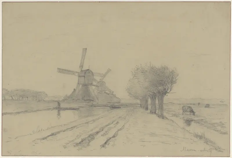Landschap met twee molens en enkele knotwilligen langs de vliet te Meern Wall Art by Willem Roelofs (I) - High-Resolution Digital Print