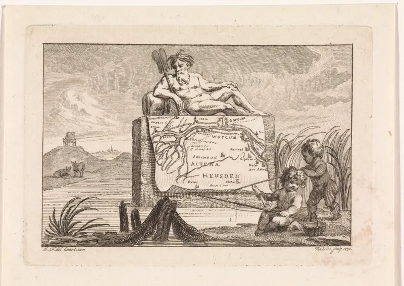 Landschap met twee putti en een riviergod bij een kaart van het Land van Heusden en Altena Wall Art by Unknown - High-Resolution Digital Print