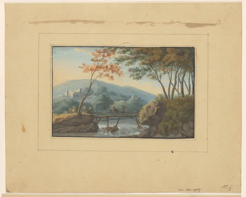 Landschap met twee reizigers op een houten brug Wall Art by anonymous - High-Resolution Digital Print