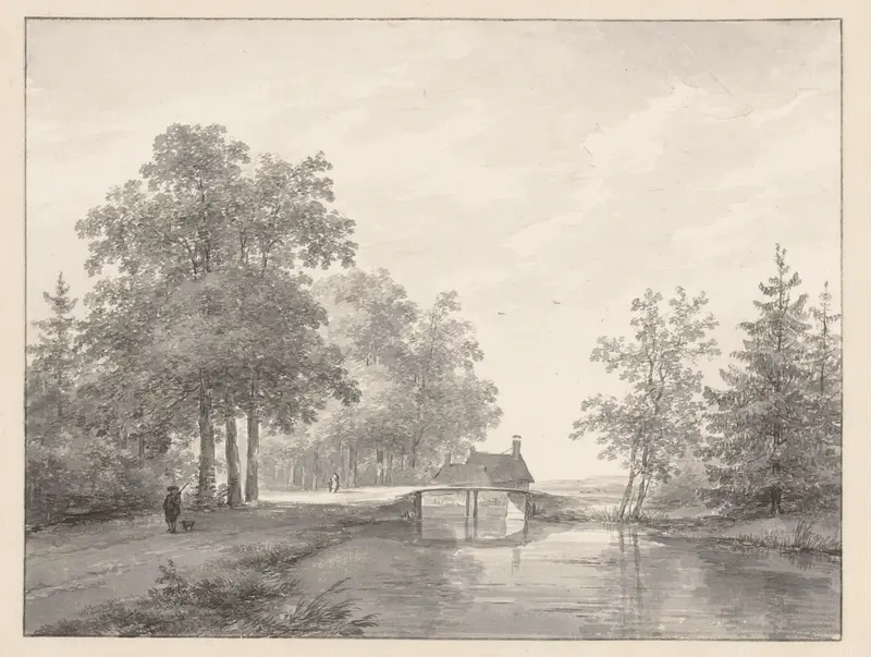 Landschap met vaart en brug, links een jager met hond Wall Art by Andreas Schelfhout - High-Resolution Digital Print