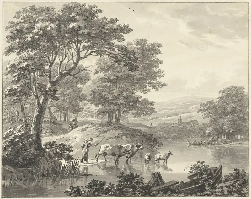 Landschap met vee bij voorde Wall Art by Unknown - High-Resolution Digital Print