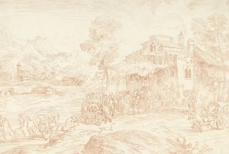 Landschap met vele figuren bij een herberg Wall Art by Jean Antoine Watteau - High-Resolution Digital Print