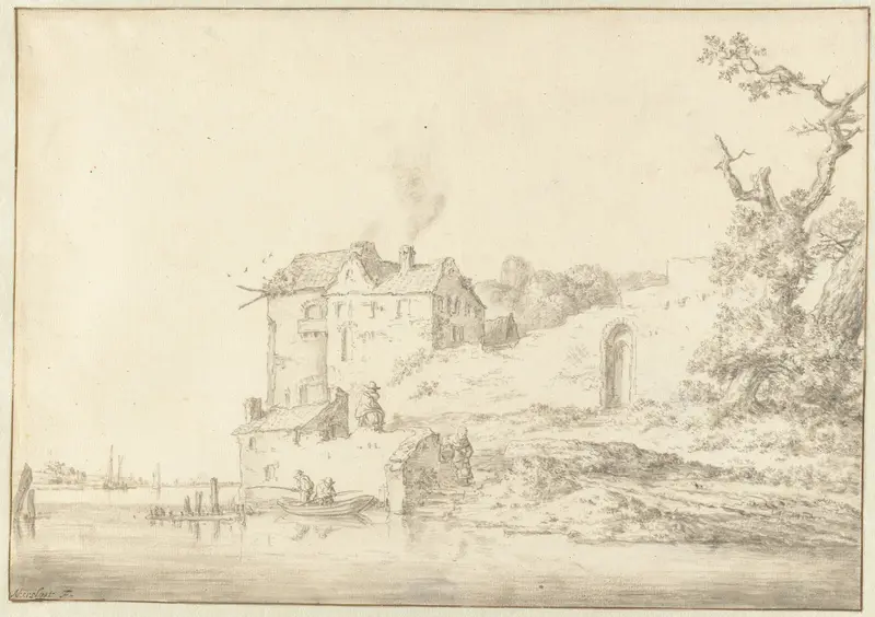 Landschap met vervallen huis aan een rivier Wall Art by Unknown - High-Resolution Digital Print