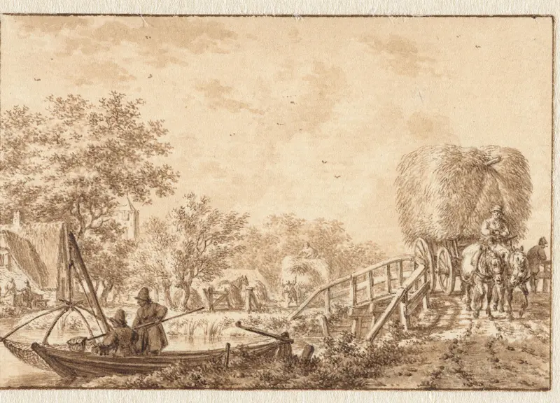 Landschap met vissers in een bootje en hooiwagen op een bruggetje Wall Art by Jacob Cats (1741-1799) - High-Resolution Digital Print
