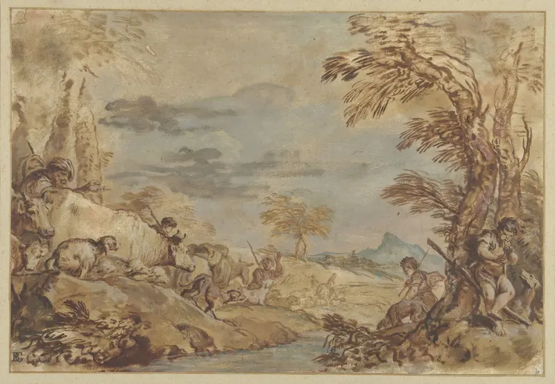 Landschap met voorttrekkende kudden Wall Art by Giovanni Benedetto Castiglione - High-Resolution Digital Print