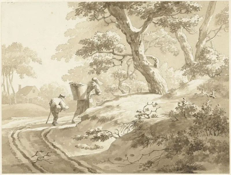 Landschap met vrouw en jongetje op een landweg Wall Art by Unknown - High-Resolution Digital Print