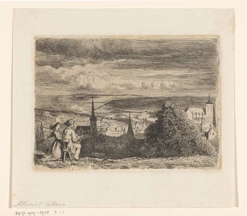 Landschap met vrouw en kunstenaar die de lager gelegen stad tekent Wall Art by Unknown - High-Resolution Digital Print
