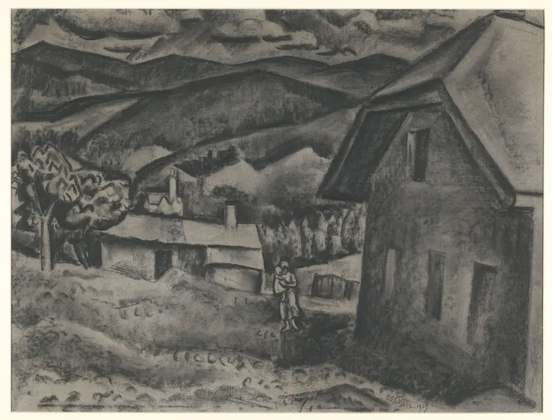 Landschap met vrouw met kind voor een huis Wall Art by Unknown - High-Resolution Digital Print