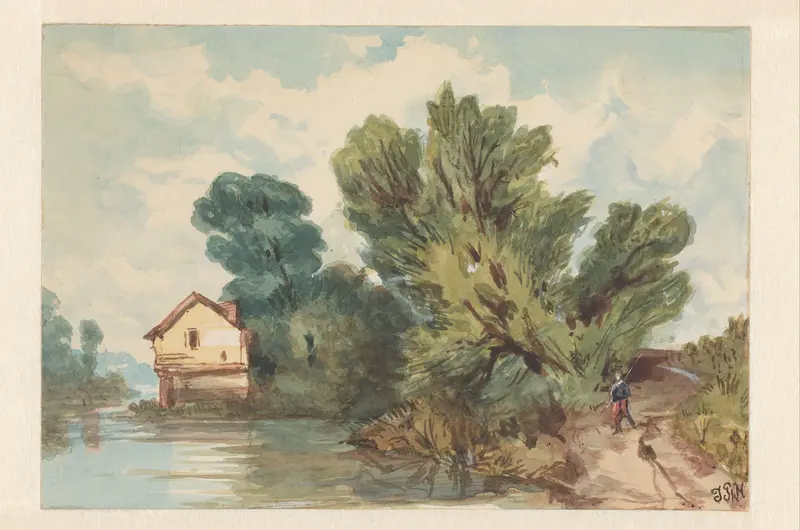 Landschap met wandelaar en huis aan het water Wall Art by Unknown - High-Resolution Digital Print