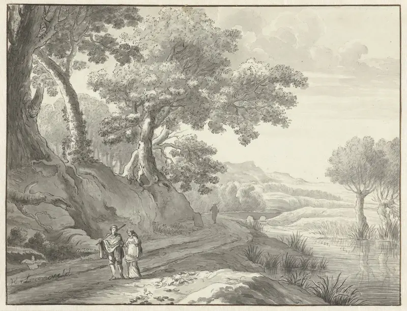 Landschap met wandelaars op een weg langs water Wall Art by anonymous - High-Resolution Digital Print