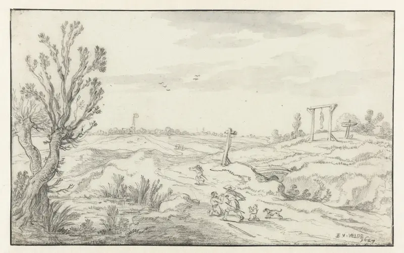 Landschap met wandelaars overvallen door een struikrover Wall Art by Unknown - High-Resolution Digital Print