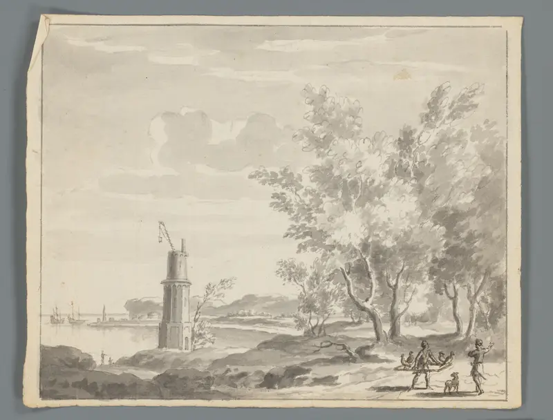 Landschap met water, een toren, twee figuren waarvan één een rek met vogels draagt en een hond Wall Art by Matthijs Balen (1684-1766) - High-Resolution Digital Print