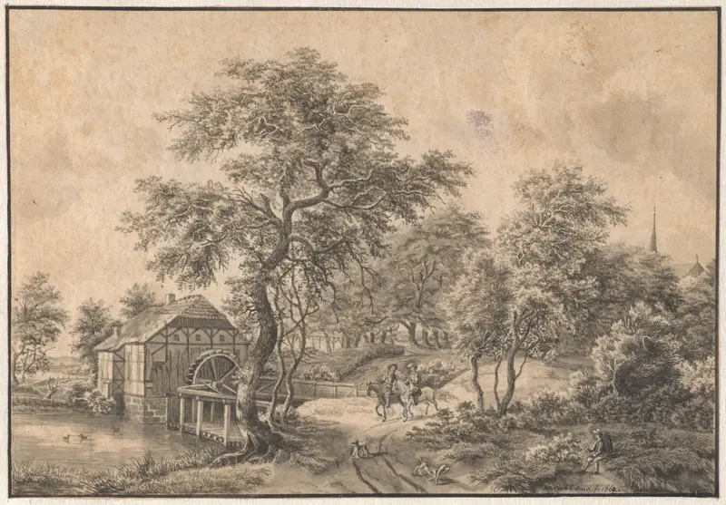 Landschap met watermolen en twee ruiters Wall Art by Petrus Adrianus Koppius - High-Resolution Digital Print
