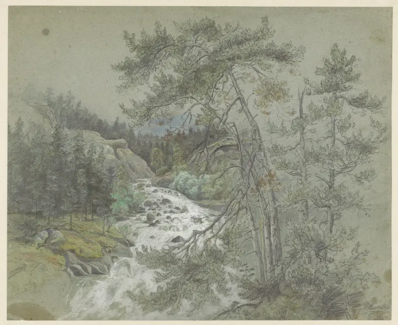 Landschap met waterval in de bergen Wall Art by Ludwig Munthe - High-Resolution Digital Print
