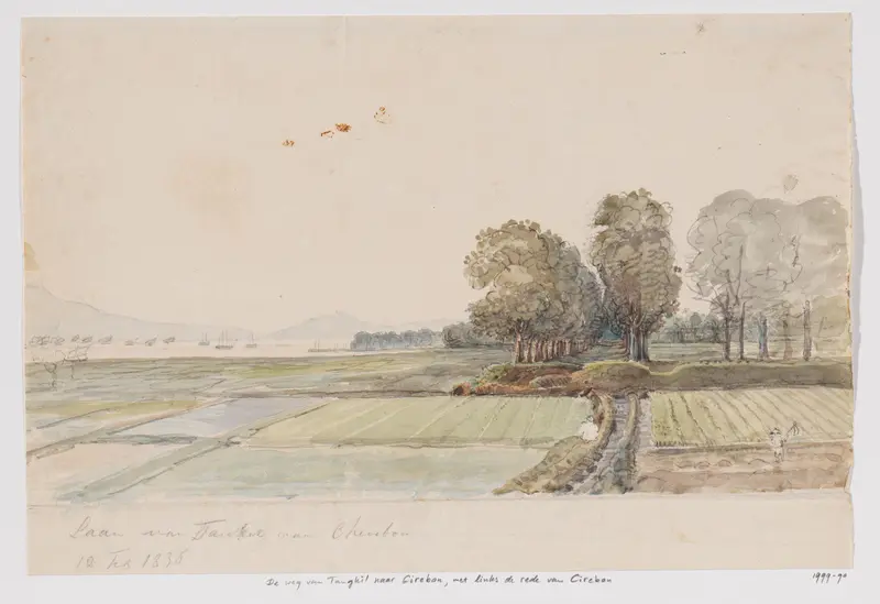 Landschap met weg van Tangkil naar Cirebon en uitzicht op de rede (ankerplaats) van Cirebon, West-Java Wall Art by Adrianus Johannes Bik - High-Resolution Digital Print